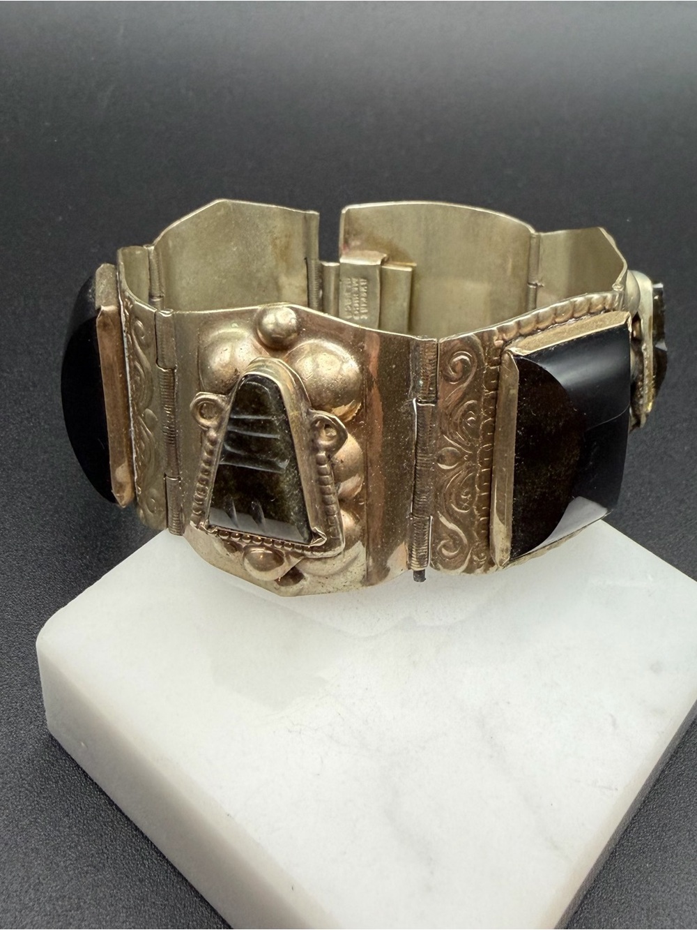 Vintage Alpaca panel link bracelet #705 silver tone black 7”